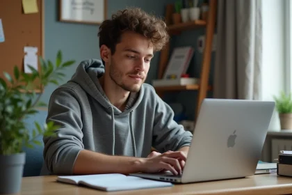 Jeune étudiant en inscription en ligne sur son ordinateur