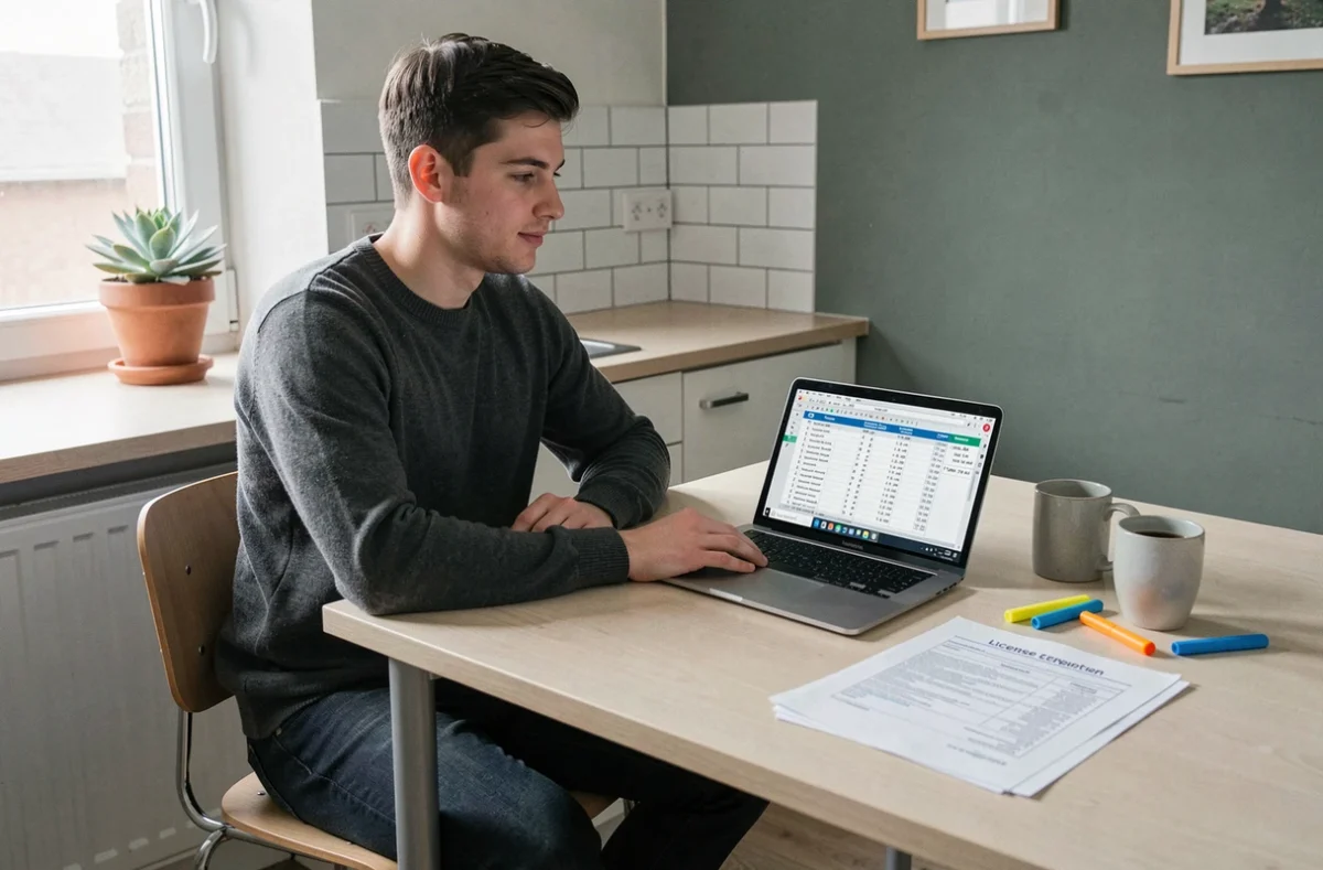 Étudiant en licence calculant ses moyennes pondérées avec coefficients sur ordinateur portable à domicile