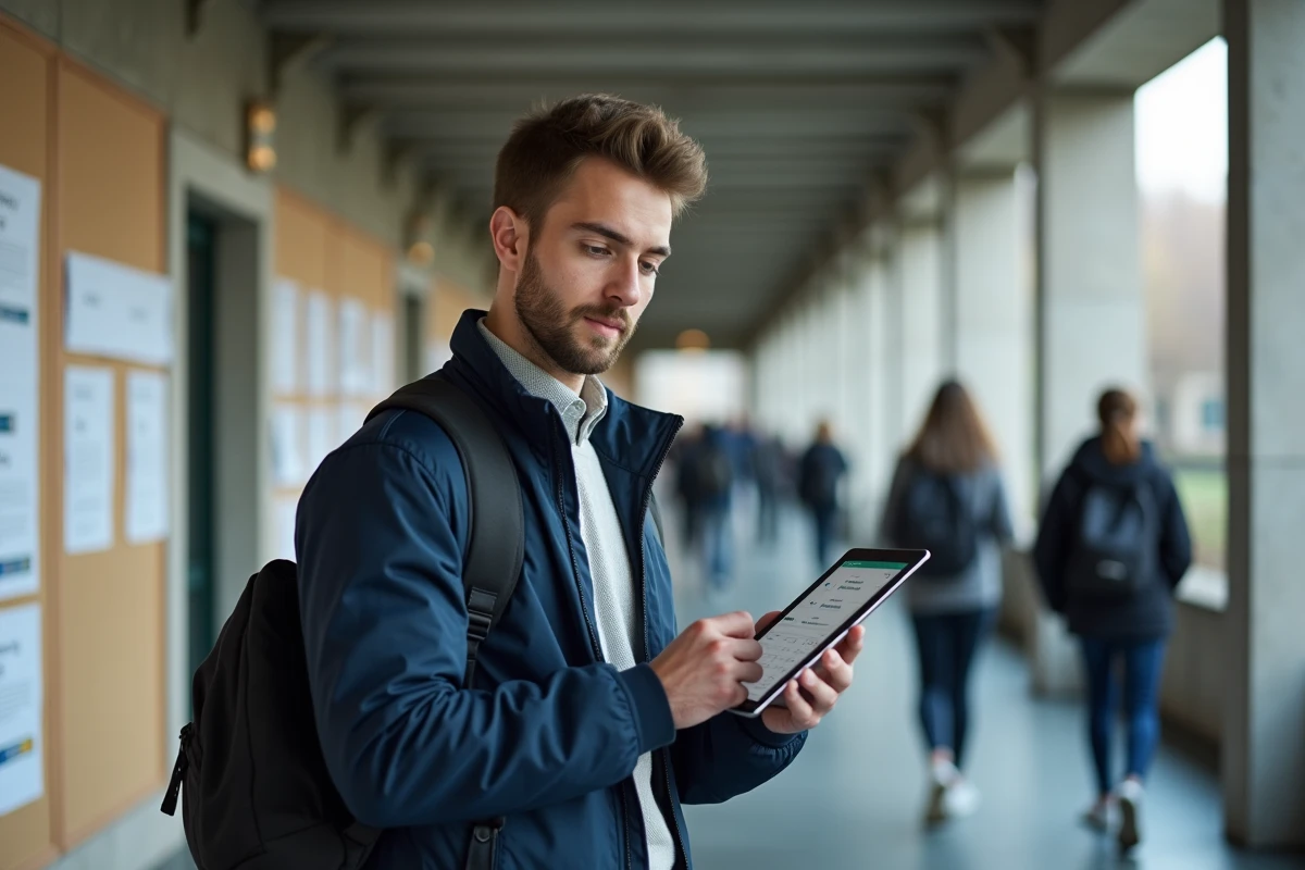 Étudiant consultant son planning de cours sur tablette dans un couloir d'université