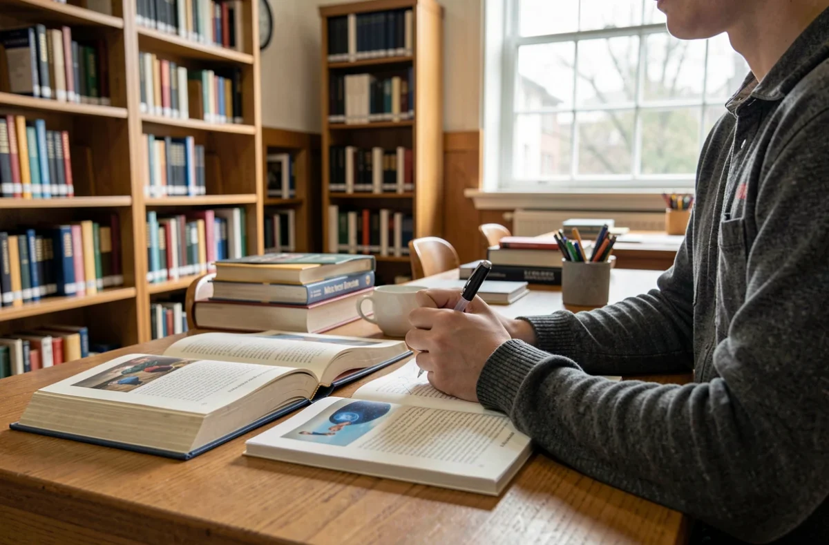 Étudiant prenant des notes sur des manuels de psychologie en bibliothèque