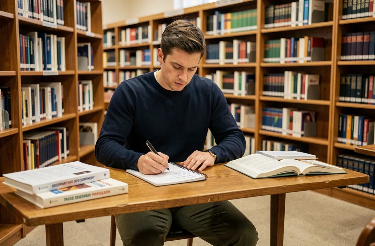 Étudiant en reconversion préparant ses études d'ostéopathie à la bibliothèque universitaire avec des manuels de santé ouverts