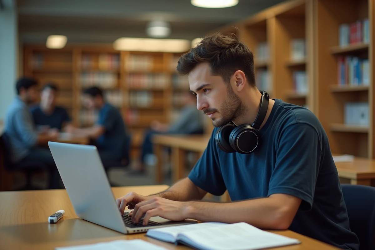 Étudiant remettant ses devoirs en ligne sur l'ENT depuis la bibliothèque universitaire