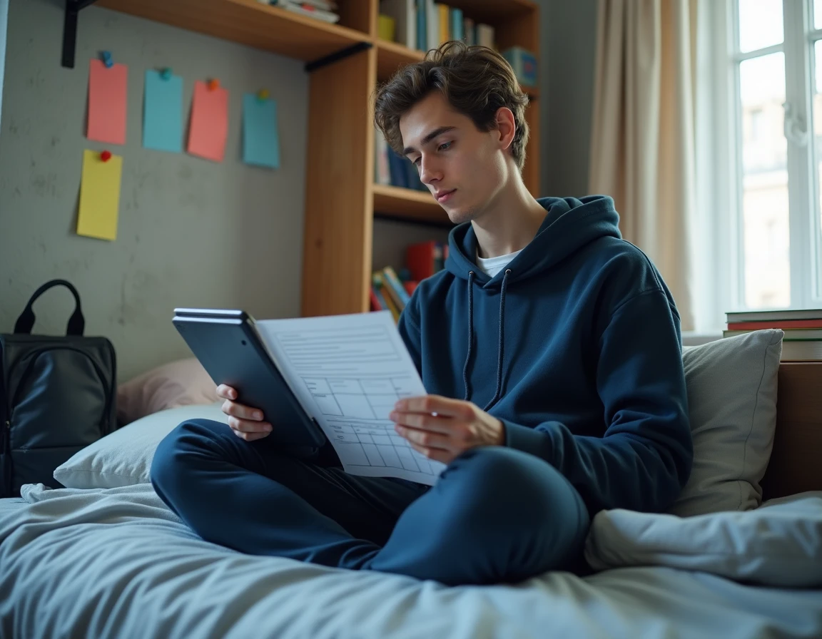 Étudiant organisant ses révisions de partiels sur tablette dans sa chambre de résidence universitaire au Mans