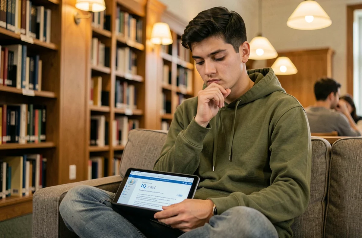Étudiant universitaire réfléchissant à un test de QI sur tablette dans une bibliothèque calme et studieuse