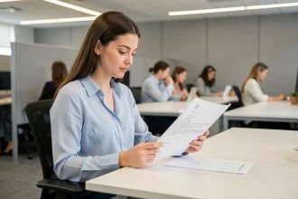 Étudiante en alternance consultant une convention de stage sur son bureau dans un environnement de bureau professionnel moderne