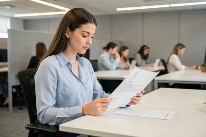 Étudiante en alternance consultant une convention de stage sur son bureau dans un environnement de bureau professionnel moderne