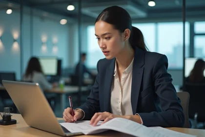 Étudiante en alternance dans une école de commerce travaillant dans un open space professionnel