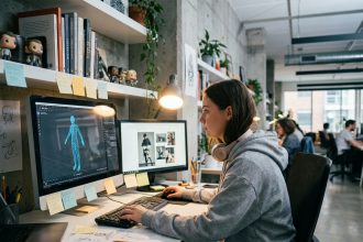 Étudiante en animation 3D travaillant sur un logiciel de modélisation dans un studio créatif moderne