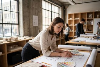 Étudiante en architecture d'intérieur travaillant sur des plans dans un studio de formation professionnelle