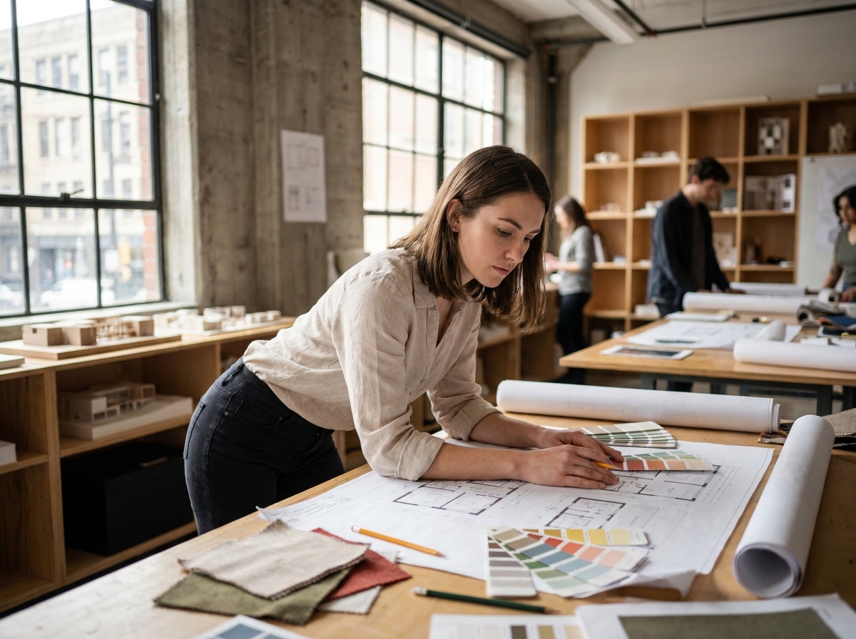 Étudiante en architecture d'intérieur travaillant sur des plans dans un studio de formation professionnelle