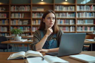 Jeune femme en jeans et pull à la bibliothèque universitaire