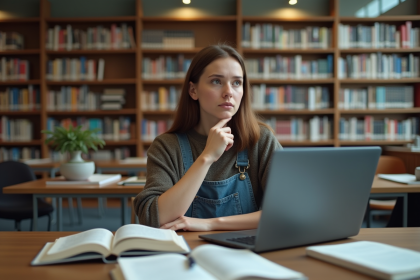 Jeune femme en jeans et pull à la bibliothèque universitaire