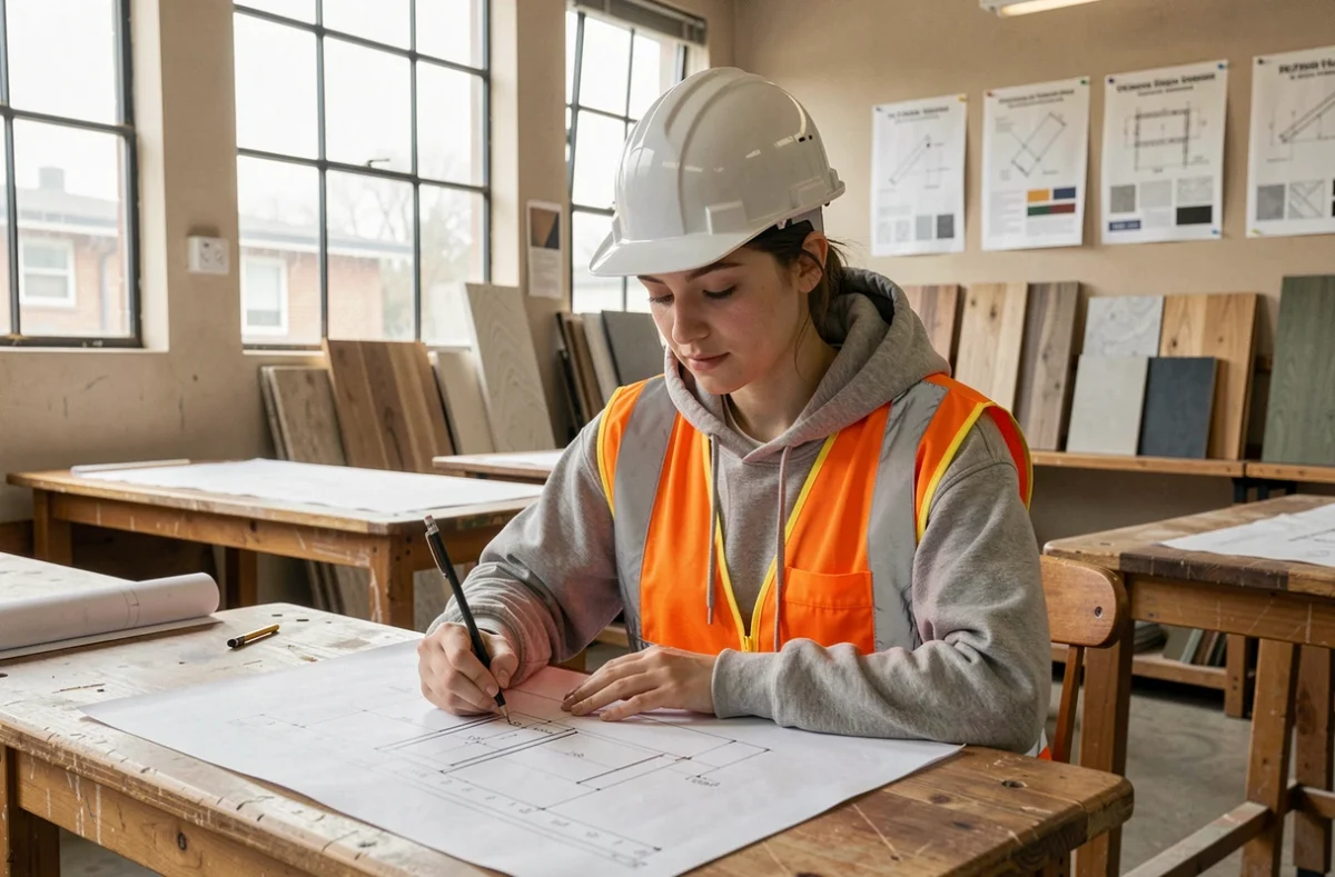 Étudiante en BTS bâtiment travaillant sur un dessin technique dans une salle de cours d'un institut de formation BTP