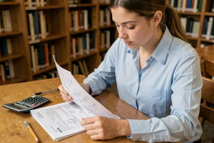 Étudiante en BTS consultant son relevé de notes avec un calculatrice sur un bureau de bibliothèque universitaire