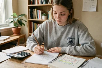 Étudiante calculant une moyenne avec coefficient dans un carnet sur un bureau en bois