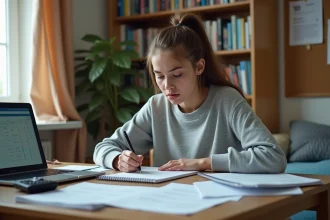Étudiante calculant sa moyenne avec coefficient sur un bureau encombré de fiches de notes et d'une calculatrice