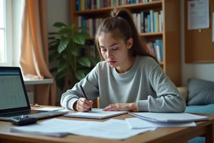Étudiante calculant sa moyenne avec coefficient sur un bureau encombré de fiches de notes et d'une calculatrice