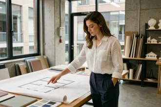 Étudiante en design d'espace analysant des plans et des échantillons de matériaux dans un atelier de création à l'école d'architecture