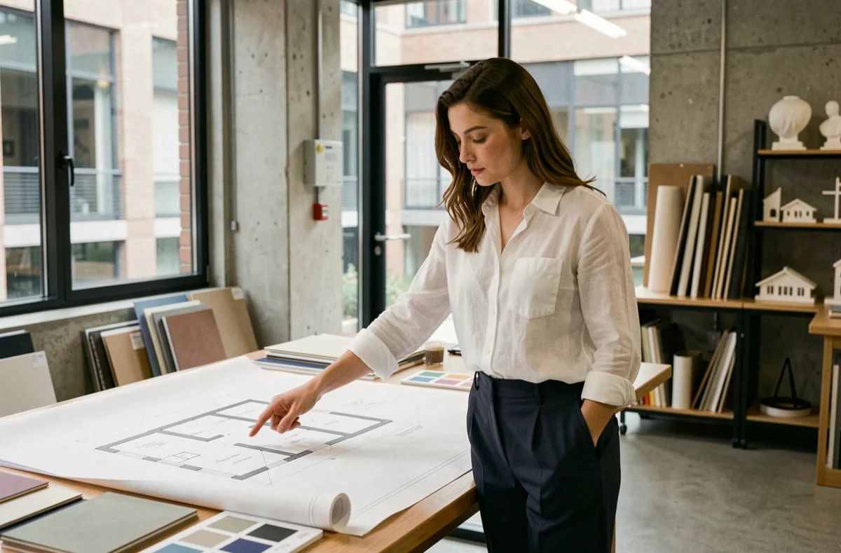 Étudiante en design d'espace analysant des plans et des échantillons de matériaux dans un atelier de création à l'école d'architecture