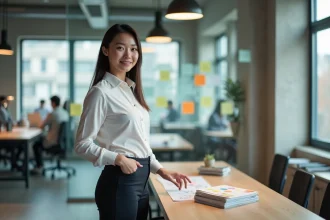 Étudiante en design présentant un prototype dans un studio créatif international, entourée d'esquisses et de post-its colorés