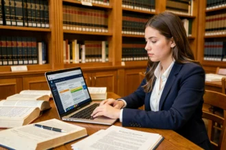 Étudiante en droit révisant avec un assistant juridique IA sur son ordinateur portable dans une bibliothèque universitaire