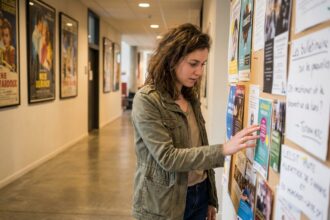 Étudiante lisant des brochures d'écoles de cinéma sur un panneau d'affichage universitaire à Montpellier