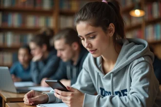 Étudiante consultant son emploi du temps universitaire sur smartphone dans une bibliothèque universitaire