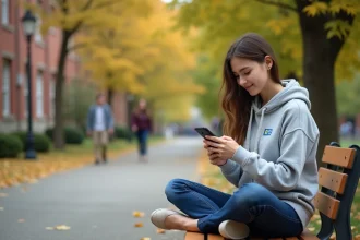 Étudiante consultant l'ENT ULHN sur son smartphone en plein air sur un campus universitaire