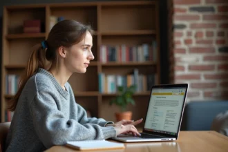 Étudiante utilisant l'ENT de l'université Artois sur son ordinateur portable depuis son appartement