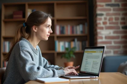 Étudiante utilisant l'ENT de l'université Artois sur son ordinateur portable depuis son appartement