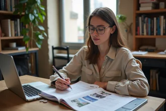 Étudiante aux Gobelins Paris calculant le coût de ses études de photographie dans son appartement parisien