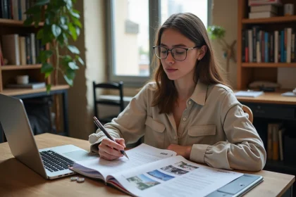 Étudiante aux Gobelins Paris calculant le coût de ses études de photographie dans son appartement parisien