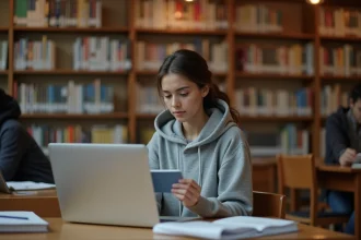 Étudiante payant la CVEC sur son ordinateur portable dans une bibliothèque universitaire avant Parcoursup