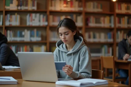 Étudiante payant la CVEC sur son ordinateur portable dans une bibliothèque universitaire avant Parcoursup