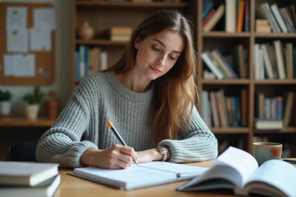 Étudiante en prépa prenant des notes dans un grand cahier à spirale sur un bureau en bois entouré de manuels scolaires