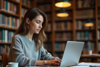 Étudiante révisant ses partiels sur l'ENT de l'université du Mans dans une bibliothèque universitaire