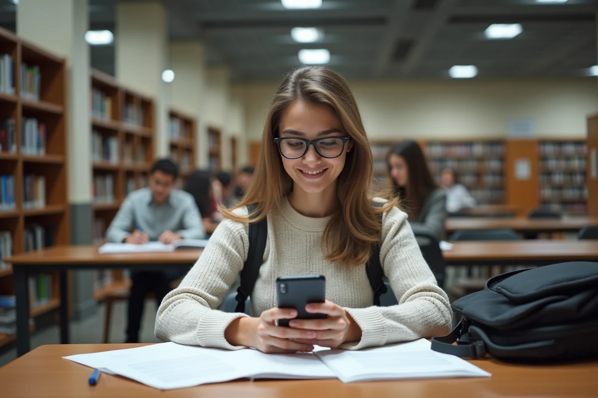 Étudiante vérifiant ses documents à la bibliothèque
