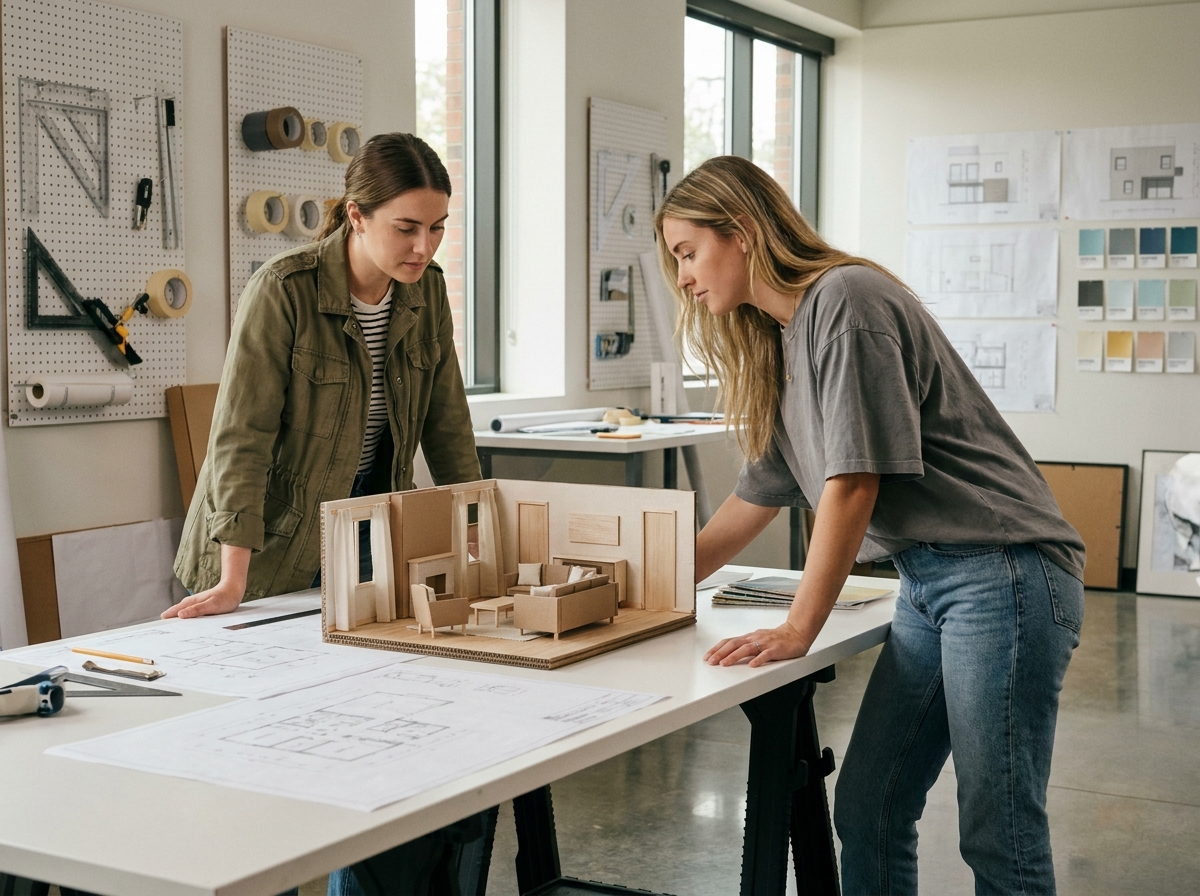 Deux étudiantes en architecture d'intérieur collaborant sur une maquette à échelle réduite lors d'un atelier de formation