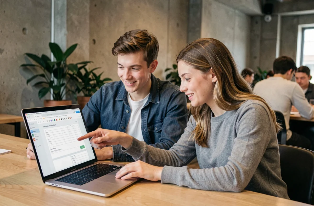 Deux étudiants en alternance consultant ensemble leurs conventions de stage sur un ordinateur portable dans un espace de coworking
