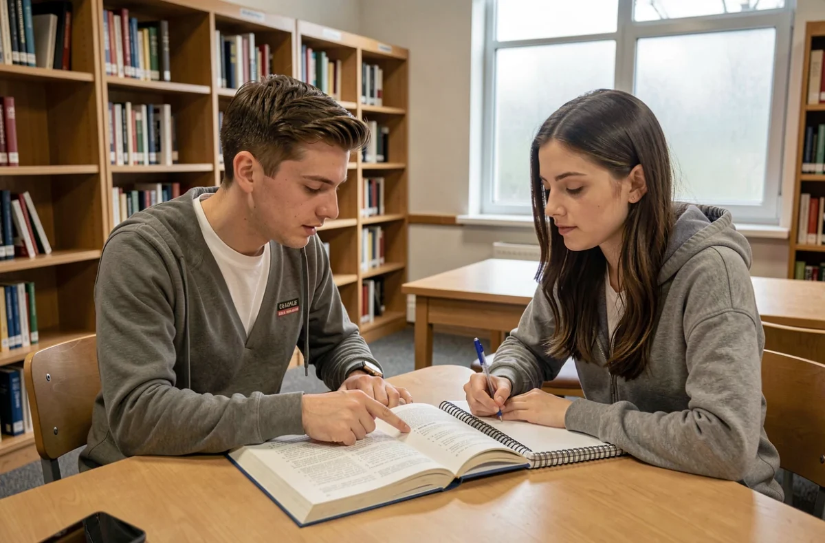Deux étudiants en bibliothèque révisant ensemble la conjugaison du passé simple espagnol des verbes ir et ser