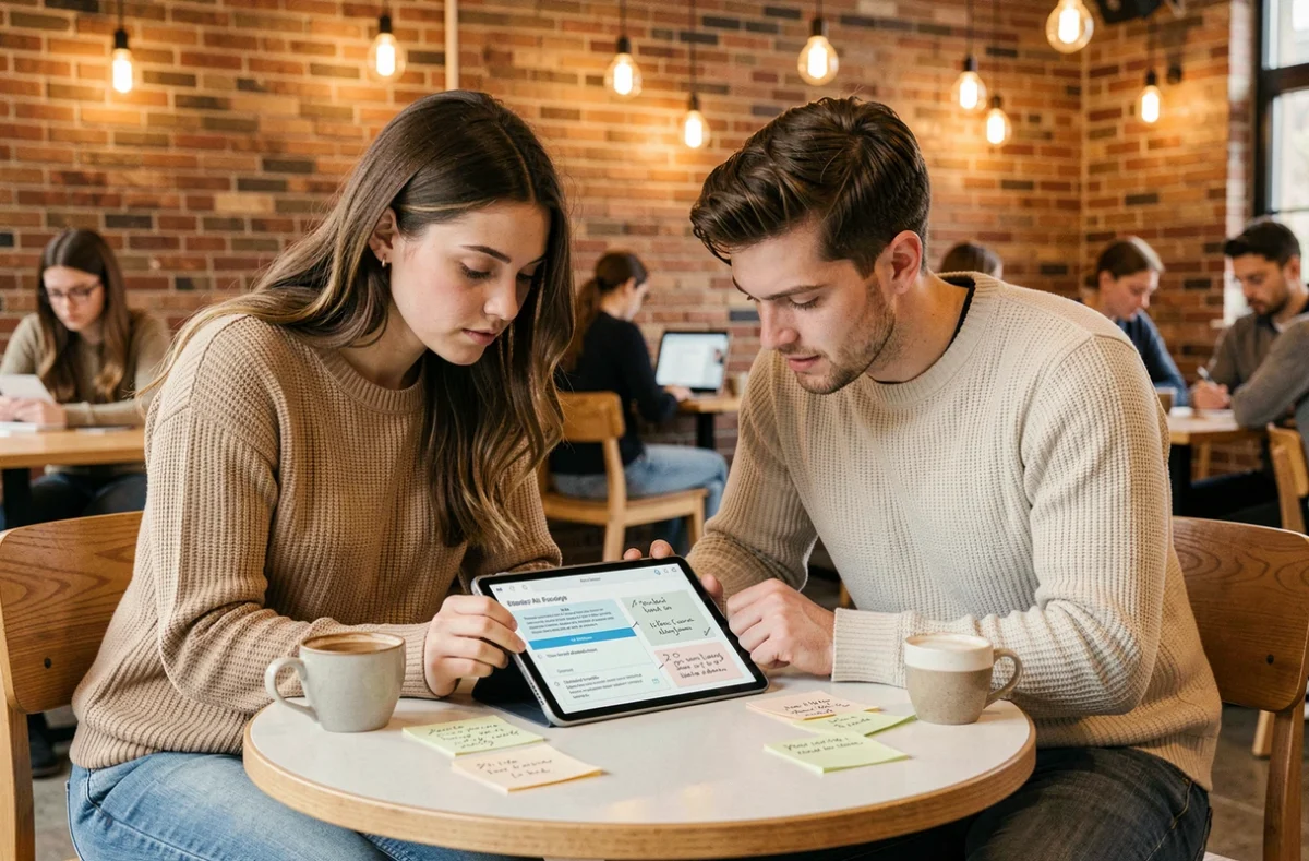 Deux étudiants en droit travaillant sur un cas pratique juridique généré par une IA dans un espace de coworking