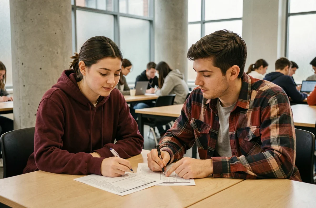 Deux étudiants comparant leurs relevés de notes et coefficients BTS dans une salle commune universitaire