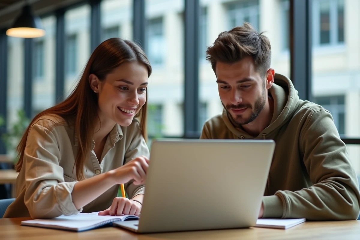 Deux étudiants suivant un cours en ligne ensemble sur l'ENT Artois dans un espace commun du campus