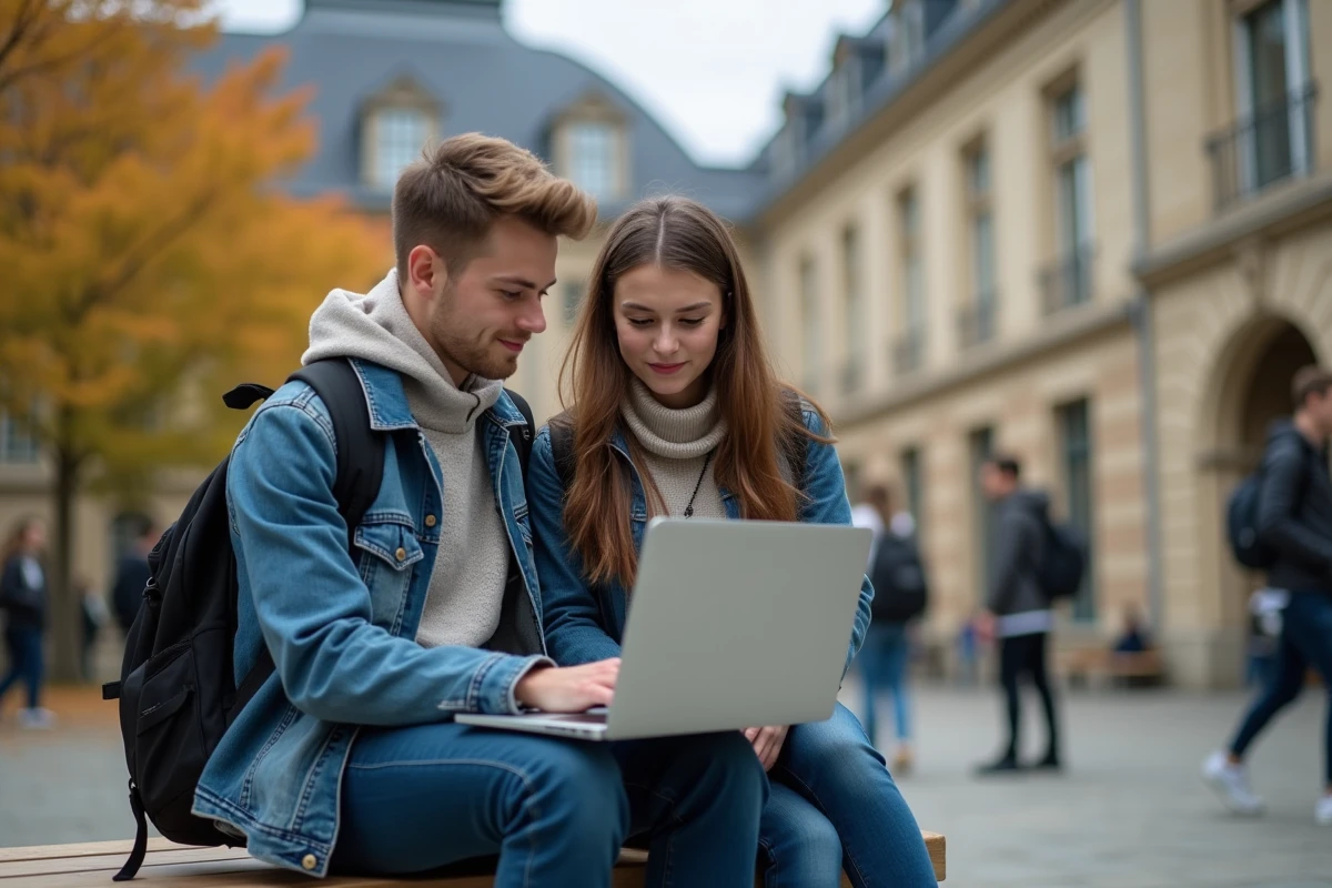 Deux étudiants consultant ensemble le site de paiement de la CVEC sur un campus universitaire français avant Parcoursup