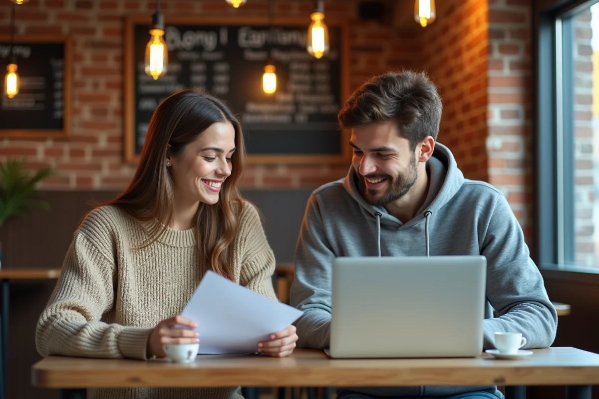 Deux étudiants de l'école hôtelière IFH comparant leurs options de financement et de budget dans un café
