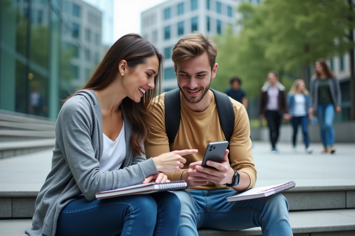 Deux étudiants consultant ensemble l'ENT ULHN sur mobile devant un bâtiment universitaire