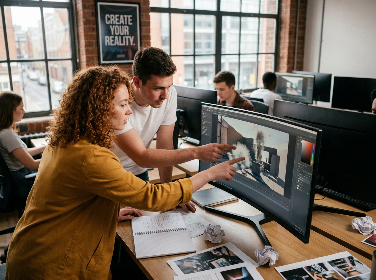 Deux étudiants en formation animation 3D collaborant sur un projet de rendu dans un laboratoire universitaire