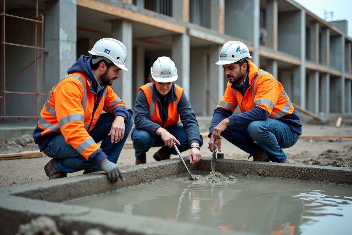 Groupe d'étudiants en formation BTP gros œuvre lors d'un exercice pratique sur fondations en béton avec un formateur