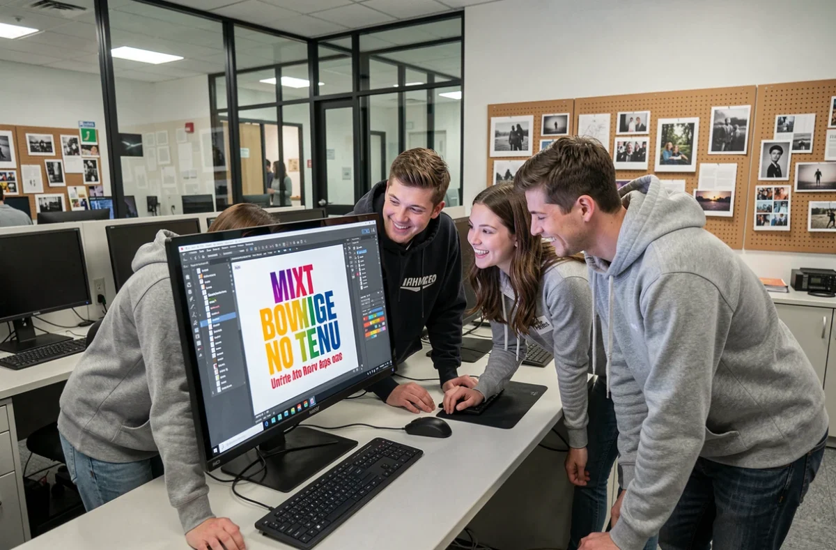 Groupe d'étudiants en graphisme collaborant sur un projet de création typographique dans une salle informatique universitaire