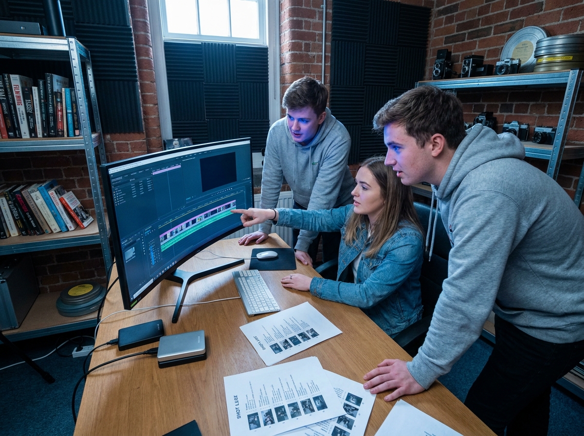 Étudiants en montage vidéo dans une salle de post-production d'une école de cinéma à Montpellier